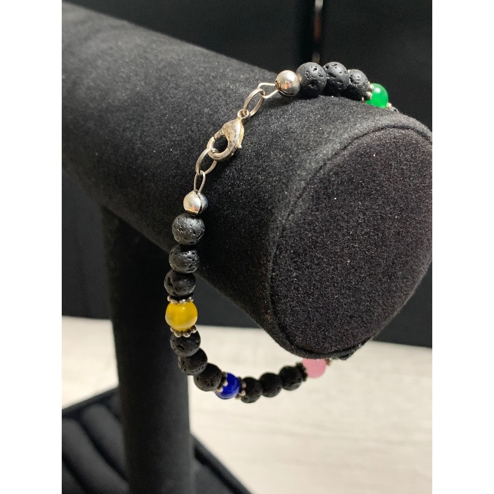Lava Rock Chakra Bracelet Multi Color Gemstone Beads Silver Tone Lobster Clasp